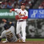
              St. Louis Cardinals' Nolan Gorman, right, turns a double play in the third inning against the Milwaukee Brewers during a baseball game Friday, May 27, 2022, in St. Louis. (AP Photo/Michael B. Thomas)
            