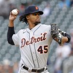 
              Detroit Tigers starting pitcher Elvin Rodriguez throws to the Minnesota Twins in the first inning of a baseball game Monday, May 23, 2022, in Minneapolis. (AP Photo/Andy Clayton-King)
            