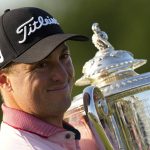 
              Justin Thomas poses with the Wanamaker Trophy after winning the PGA Championship golf tournament in a playoff against Will Zalatoris at Southern Hills Country Club, Sunday, May 22, 2022, in Tulsa, Okla. (AP Photo/Matt York)
            