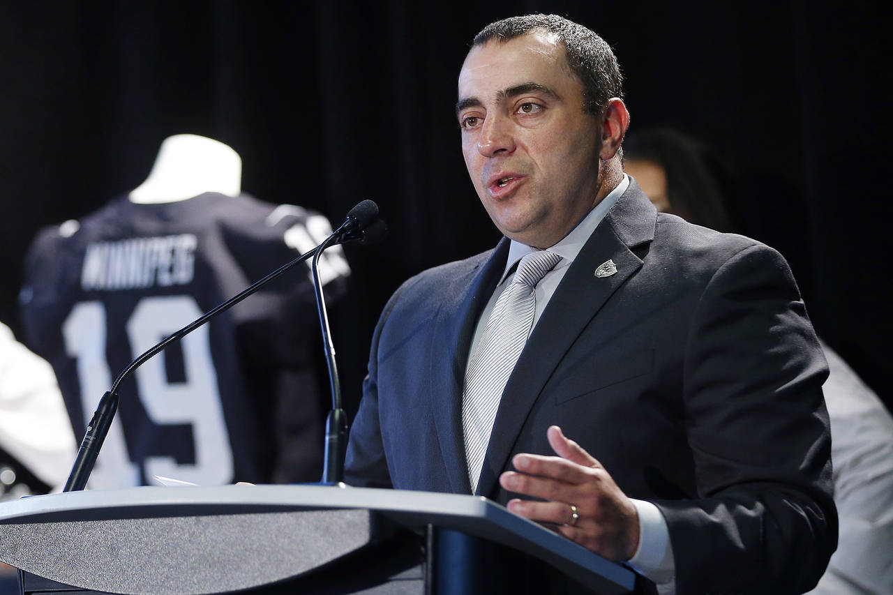 FILE - Dan Ventrelle, of the Oakland Raiders, speaks to the media, on June 5, 2019, at a press conf...