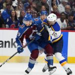 
              St. Louis Blues center Brayden Schenn (10) collides with Colorado Avalanche center Nathan MacKinnon (29) during the first period in Game 2 of an NHL hockey Stanley Cup second-round playoff series Thursday, May 19, 2022, in Denver. (AP Photo/Jack Dempsey)
            