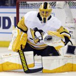 
              Pittsburgh Penguins goaltender Casey DeSmith makes a save against the New York Rangers during the first period of Game 1 of an NHL hockey Stanley Cup first-round playoff series Tuesday, May 3, 2022, in New York. (AP Photo/Adam Hunger)
            