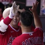 
              Los Angeles Angels' Shohei Ohtani, left, celebrates in the dugout with starting pitcher Patrick Sandoval after hitting a solo home run during the first inning of a baseball game against the Oakland Athletics Sunday, May 22, 2022, in Anaheim, Calif. (AP Photo/Mark J. Terrill)
            