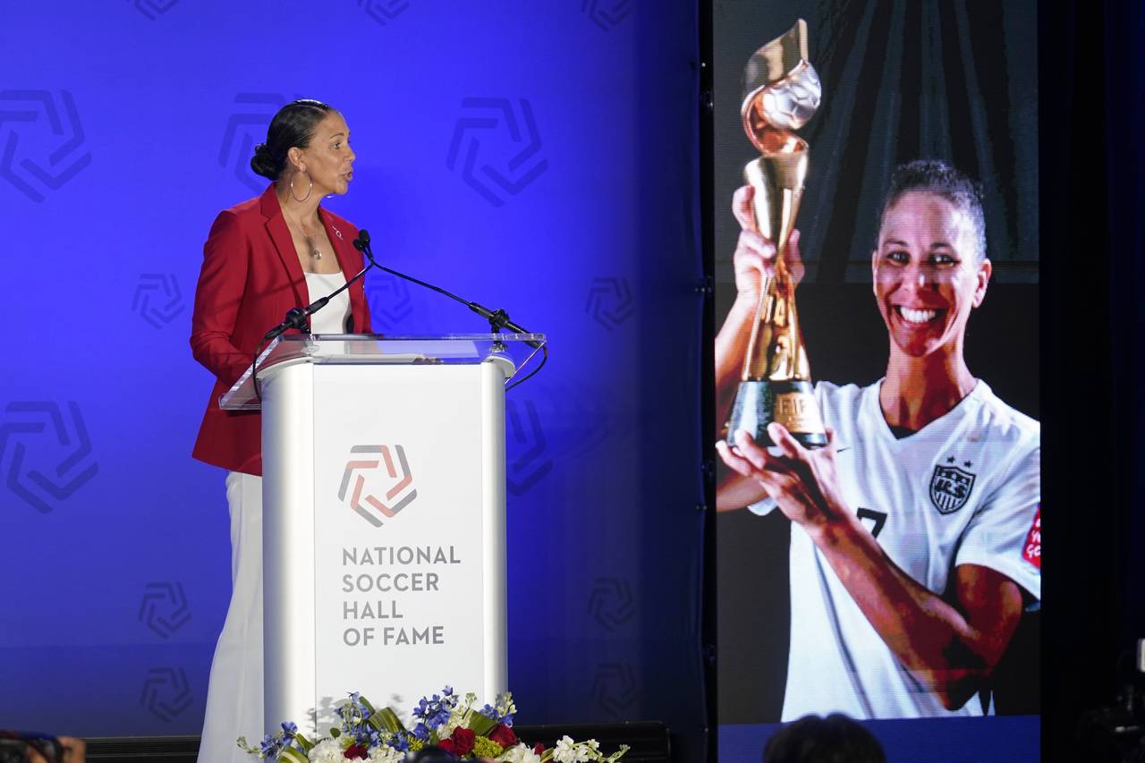 Newly inducted player Shannon Boxx speeaks during an induction ceremony for the National Soccer Hal...