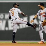 
              Baltimore Orioles' Jorge Mateo (3) celebrates with Chris Owings (11) and Anthony Santander (25) after defeating the Boston Red Sox in a baseball game, Monday, May 30, 2022, in Boston. (AP Photo/Michael Dwyer)
            