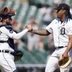 
              Detroit Tigers catcher Tucker Barnhart and pitcher Gregory Soto (65) celebrate the final out in the ninth inning of a baseball game against the Minnesota Twins in Detroit, Monday, May 30, 2022. (AP Photo/Paul Sancya)
            