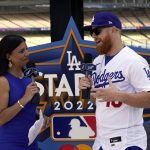 
              Los Angeles Dodgers' Justin Turner, right, speaks with Alanna Rizzo of the MLB Network during an event to officially launch the countdown to MLB All-Star Week Tuesday, May 3, 2022, at Dodger Stadium in Los Angeles. The All-Star Game is scheduled to be played on July 19. (AP Photo/Mark J. Terrill)
            