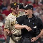 
              San Diego Padres manager Bob Melvin, left, is ejected by home plate umpire Chris Segal during the sixth inning of a baseball game against the St. Louis Cardinals Tuesday, May 31, 2022, in St. Louis. (AP Photo/Jeff Roberson)
            