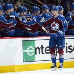 
              Colorado Avalanche right wing Valeri Nichushkin (13) is congratulated for a goal against the St. Louis Blues during the second period in Game 1 of an NHL hockey Stanley Cup second-round playoff series Tuesday, May 17, 2022, in Denver. (AP Photo/Jack Dempsey)
            