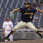 
              Michigan's Jacob Denner (47) pitches against Rutgers in the third inning of the NCAA college Big Ten baseball championship game Sunday, May 29, 2022, at Charles Schwalb Field in Omaha, Neb. (AP Photo/Rebecca S. Gratz)
            