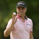 
              Justin Thomas waves after making a putt on the 14th hole during the final round of the PGA Championship golf tournament at Southern Hills Country Club, Sunday, May 22, 2022, in Tulsa, Okla. (AP Photo/Eric Gay)
            