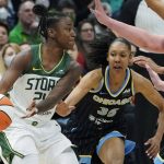 
              Seattle Storm guard Jewell Loyd, left, passes the ball around Chicago Sky guard Rebekah Gardner (35) during the first half of a WNBA basketball game Wednesday, May 18, 2022, in Seattle. (AP Photo/Ted S. Warren)
            