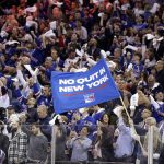 
              New York Rangers fans cheer after a goal against the Pittsburgh Penguins during the second period in Game 7 of an NHL hockey Stanley Cup first-round playoff series, Sunday, May 15, 2022, in New York. (AP Photo/Adam Hunger)
            