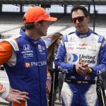
              Scott Dixon, of New Zealand, left, talks with Graham Rahal before practice for the Indianapolis 500 auto race at Indianapolis Motor Speedway, Monday, May 23, 2022, in Indianapolis. (AP Photo/Darron Cummings)
            