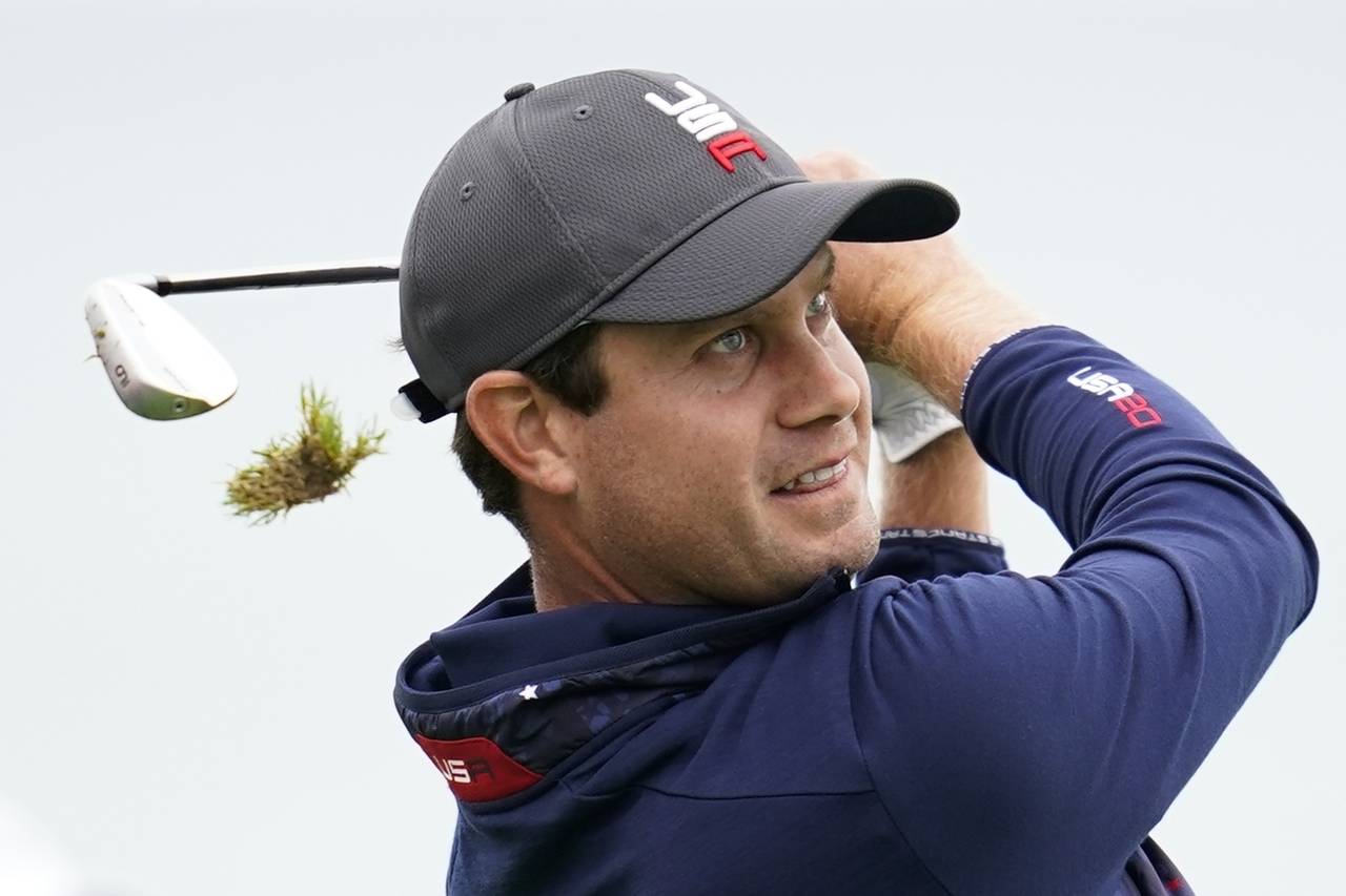Team USA's Harris English hits on the third hole during a practice day at the Ryder Cup at the Whis...