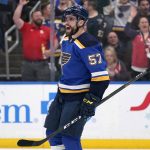 
              St. Louis Blues' David Perron celebrates after scoring during the second period in Game 4 of an NHL hockey Stanley Cup second-round playoff series against the Colorado Avalanche Monday, May 23, 2022, in St. Louis. (AP Photo/Jeff Roberson)
            