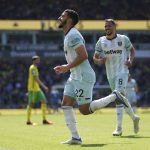 
              West Ham United's Said Benrahma celebrates scoring during the English Premier League soccer match between Norwich City and West Ham United at Carrow Road, Norwich, England, Sunday May 8, 2022. (Joe Giddens/PA via AP)
            