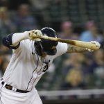 
              Detroit Tigers' Tucker Barnhart reacts after popping up to second during the fifth inning of a baseball game against the Cleveland Guardians, Thursday, May 26, 2022, in Detroit. (AP Photo/Carlos Osorio)
            