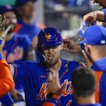 New York Mets' Patrick Mazeika celebrates with teammates after hitting a home run during the seventh inning of a baseball game against the Seattle Mariners, Saturday, May 14, 2022, in New York. (AP Photo/Frank Franklin II)