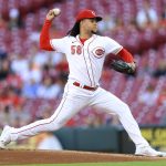 
              Cincinnati Reds' Luis Castillo throws during the first inning of a baseball game against the Milwaukee Brewers in Cincinnati, Monday, May 9, 2022. (AP Photo/Aaron Doster)
            