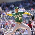 
              Oakland Athletics starting pitcher James Kaprielian (32) throws against the Minnesota Twins during the first inning of a baseball game Saturday, May 7, 2022, in Minneapolis. (AP Photo/Stacy Bengs)
            