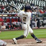 
              Milwaukee Brewers' Luis Urias hits an RBI single during the fourth inning of a baseball game against the Cincinnati Reds Tuesday, May 3, 2022, in Milwaukee. (AP Photo/Morry Gash)
            