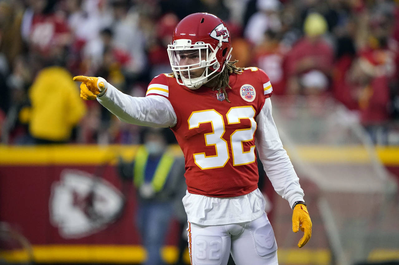 FILE - Kansas City Chiefs free safety Tyrann Mathieu (32) points during the first half of an NFL fo...
