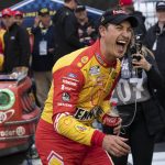 
              Joey Logano reacts in Victory Lane after winning a NASCAR Cup Series auto race at Darlington Raceway, Sunday, May 8, 2022, in Darlington, S.C. (AP Photo/Matt Kelley)
            
