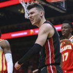 
              Miami Heat guard Tyler Herro celebrates after a basket during the second half of Game 3 of the team's NBA basketball first-round playoff series against the Atlanta Hawks, Friday, April 22, 2022, in Atlanta. (AP Photo/Brett Davis)
            