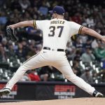 
              Milwaukee Brewers starting pitcher Adrian Houser throws during the first inning of a baseball game against the Atlanta Braves Tuesday, May 17, 2022, in Milwaukee. (AP Photo/Morry Gash)
            