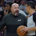 
              Dallas Mavericks head coach Jason Kidd, left, argues a call during the second half of Game 1 in the second round of the NBA Western Conference playoff series against the Phoenix Suns, Monday, May 2, 2022, in Phoenix. (AP Photo/Matt York)
            