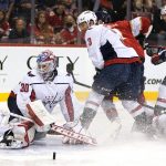 
              Washington Capitals goaltender Ilya Samsonov (30) defends the goal during the second period of Game 5 of the first round of the NHL Stanley Cup hockey playoffs against the Florida Panthers, Wednesday, May 11, 2022, in Sunrise, Fla. (AP Photo/Lynne Sladky)
            