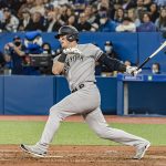 
              New York Yankees' Josh Donaldson breaks his bat swinging during the ninth inning of a baseball game against the Toronto Blue Jays in Toronto, Monday, May 2, 2022. (Christopher Katsarov/The Canadian Press via AP)
            