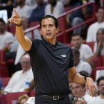 
              Miami Heat head coach Erik Spoelstra gestures during the second half of Game 1 of an NBA basketball Eastern Conference finals playoff series against the Boston Celtics, Tuesday, May 17, 2022, in Miami. (AP Photo/Lynne Sladky)
            