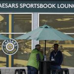 
              The Caesars Sportbook Lounge at the Indianapolis Motor Speedway is shown during the final practice for the Indianapolis 500 auto race in Indianapolis, Friday, May 27, 2022. (AP Photo/Michael Conroy)
            