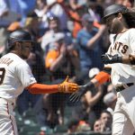 
              San Francisco Giants' Brandon Crawford, right, is congratulated by Thairo Estrada (39) as he crosses home plate after hitting a two-run home run against the Colorado Rockies during the fifth inning of a baseball game in San Francisco, Wednesday, May 11, 2022. (AP Photo/Tony Avelar)
            