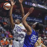 
              Los Angeles Sparks forward Nneka Ogwumike (30) loses the ball as she is fouled by Connecticut Sun forward Alyssa Thomas (25) during a WNBA basketball game Saturday, May 14, 2022, in Uncasville, Conn. (Sean D. Elliot/The Day via AP)
            
