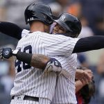 
              New York Yankees' Gleyber Torres, right, celebrates with Josh Donaldson (48) after hitting a three run home run off Toronto Blue Jays starting pitcher Jose Berrios (17) in the fourth inning of a baseball game, Wednesday, May 11, 2022, in New York. (AP Photo/John Minchillo)
            