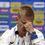 
              Ukraine's Oleksandr Zinchenko reacts, during a press conference, at Hampden Park, in Glasgow, Scotland, Tuesday May 31, 2022. Scotland will play Ukraine in a World Cup qualifier soccer match on Wednesday. (Andrew Milligan/PA via AP)
            