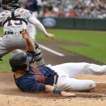 
              Minnesota Twins' Max Kepler scores as Detroit Tigers catcher Tucker Barnhart stands in front of the plate during the second inning of a baseball game Tuesday, May 24, 2022, in Minneapolis. (AP Photo/Craig Lassig)
            