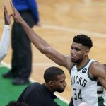 
              Milwaukee Bucks forward Giannis Antetokounmpo (34), of Greece,  celebrates with guard Wesley Matthews, left, as the Bucks lead the Boston Celtics in the second half of Game 1 in the second round of the NBA Eastern Conference playoff series, Sunday, May 1, 2022, in Boston. (AP Photo/Steven Senne)
            