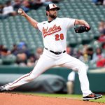 
              Baltimore Orioles starting pitcher Jordan Lyles throws during the first inning of a baseball game against the Boston Red Sox, Sunday, May 1, 2022, in Baltimore. (AP Photo/Julia Nikhinson)
            
