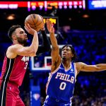 
              Miami Heat's Max Strus goes up for a shot against Philadelphia 76ers' Tyrese Maxey during the first half of Game 3 of an NBA basketball second-round playoff series, Friday, May 6, 2022, in Philadelphia. (AP Photo/Matt Slocum)
            