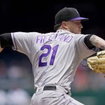 
              Colorado Rockies starting pitcher Kyle Freeland throws to the Washington Nationals in the first inning of a baseball game, Sunday, May 29, 2022, in Washington. (AP Photo/Patrick Semansky)
            