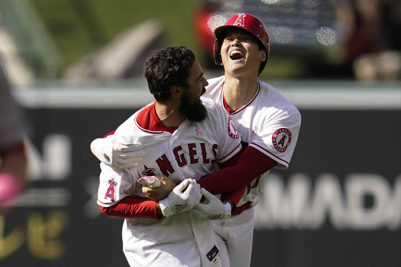 Los Angeles Angels designated hitter Shohei Ohtani (17) celebrates with Anthony Rendon (6) after a ...