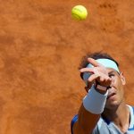 
              Rafael Nadal serves the ball to John Isner during their match at the Italian Open tennis tournament, in Rome, Wednesday, May 11, 2022. (AP Photo/Andrew Medichini)
            