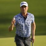 
              Justin Thomas waves after making a putt on the 10th hole during the second round of the PGA Championship golf tournament at Southern Hills Country Club, Friday, May 20, 2022, in Tulsa, Okla. (AP Photo/Eric Gay)
            