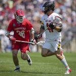 
              Maryland midfielder Jack Brennan (41) plays against Cornell midfielder Kyle Smith (36) during the first half of the NCAA college men's lacrosse championship game, Monday, May 30, 2022, in East Hartford, Conn. (AP Photo/Bryan Woolston)
            