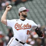 
              Baltimore Orioles pitcher Jordan Lyles throws against the Kansas City Royals during the first inning of a baseball game Sunday, May 8, 2022, in Baltimore. (AP Photo/Gail Burton)
            