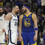 
              Golden State Warriors guard Klay Thompson (11) and Memphis Grizzlies forward Dillon Brooks (24) argue with each other during the first half of Game 6 of an NBA basketball Western Conference playoff semifinal in San Francisco, Friday, May 13, 2022. (AP Photo/Tony Avelar)
            